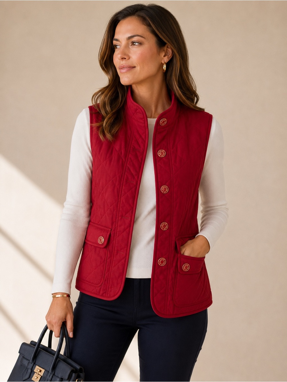 TALBOTS WOMENS RED QUILTED FLEECE LINED VEST WITH POCKETS SIZE MEDIUM
